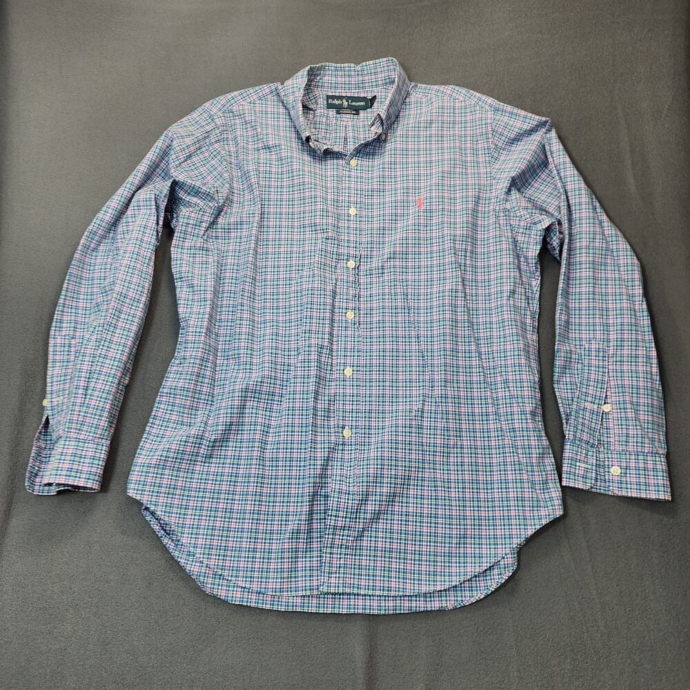 Vintage Polo Ralph Lauren Mens Shirt Classic Fit Blue Pink Plaid Preppy Academia